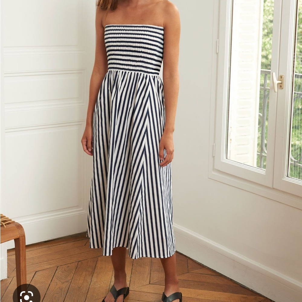 Pixie Market - Navy / White Striped Strapless MIDI Dress - XS